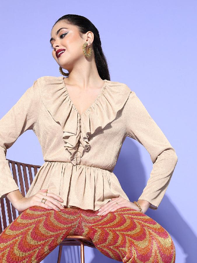 Beige Gold Lurex Ruffled Peplum Top
