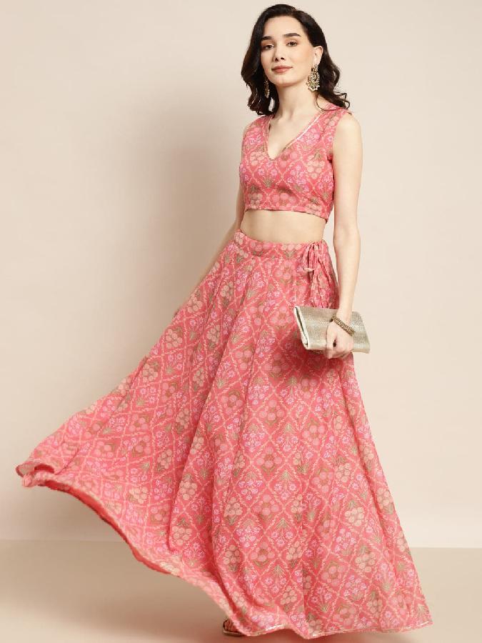 Peach Mughal Floral Crop Top With Anarkali Skirt