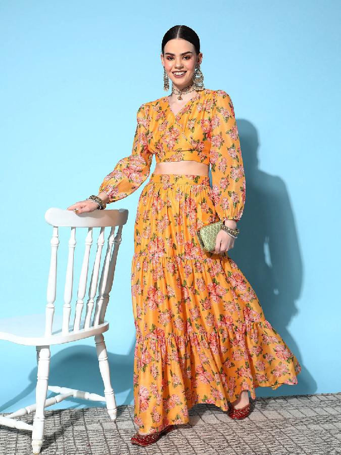 Yellow Floral Wrap Crop Top With Tiered Skirt 