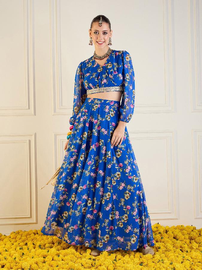 Royal Blue Floral Anarkali Skirt With Wrap Crop Top