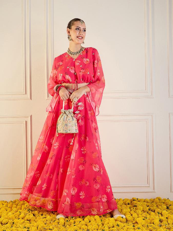 Fuchsia Floral Anarkali Skirt With Front Dori Crop Top