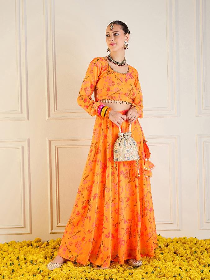 Mustard Printed Anarkali Skirt With Crop Top