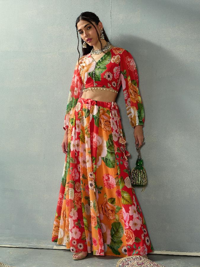 Red Floral V Neck Crop Top With Anarkali Skirt 