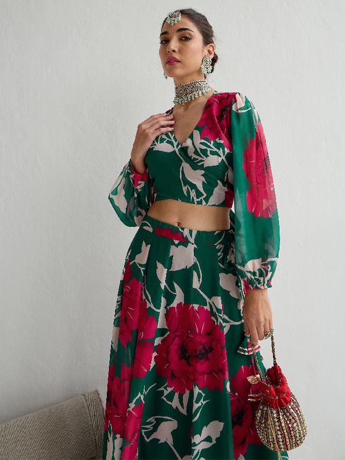 Green & Red Floral Wrap Top With Anarkali Skirt 