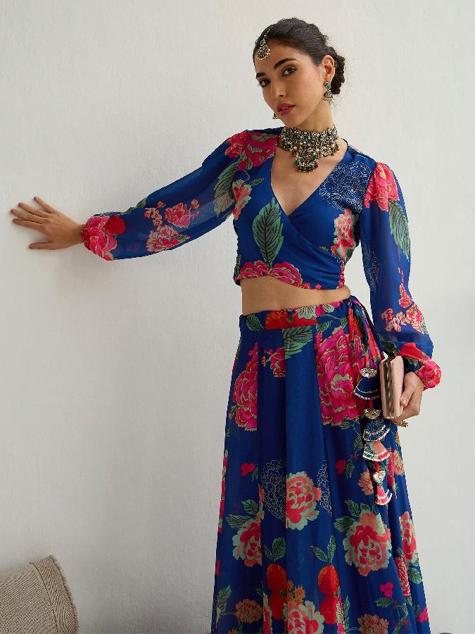 Navy & Red Floral Wrap Top With Anarkali Skirt 