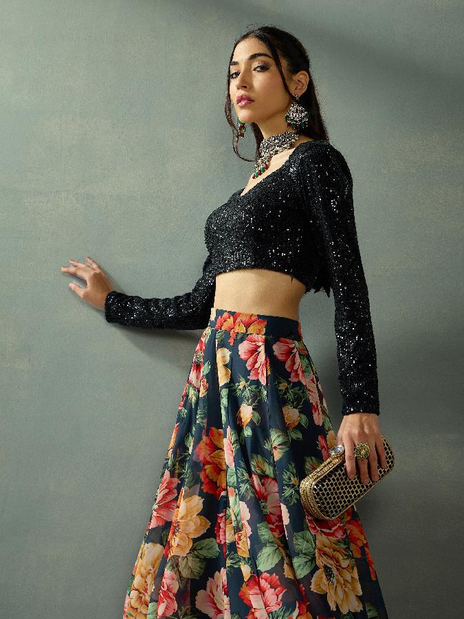 Black Sequence Blouse With Anarkali Skirt
