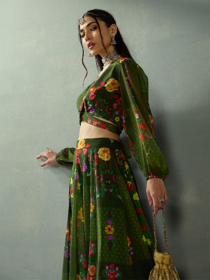 Green Floral Tie Knot Crop Top With Anarkali Skirt