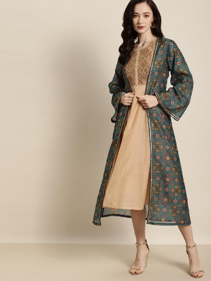 Teal Patola Front Open Shrug