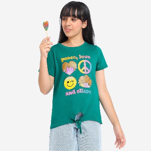 Girls Knotted Glitter Printed Cotton Tshirt