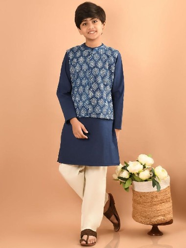 Printed Kurta Pajama Set with Nehru Jacket