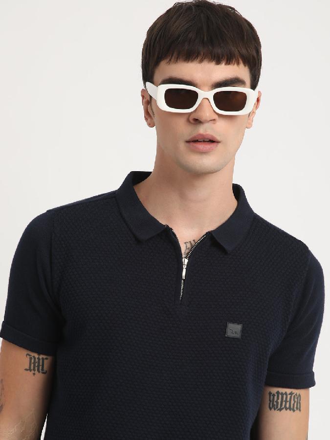 Ardor Edition Men Blue Self Design Slim Fit Knitted Polo Collar T-shirt